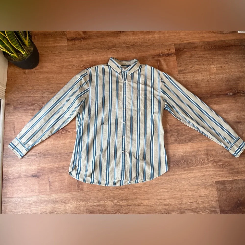 J.Crew Men’s Classic Long Sleeve‎ Striped Button Down Shirt LARGE Tan Cotton
